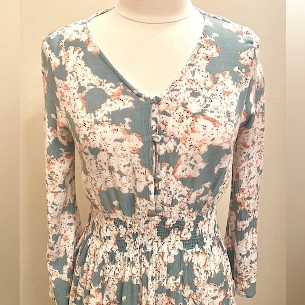 J Glee Floral Grey Teal Cream SZ S Cottagecore Boho Chic Romantic Peasant Dress - Picture 3 of 10